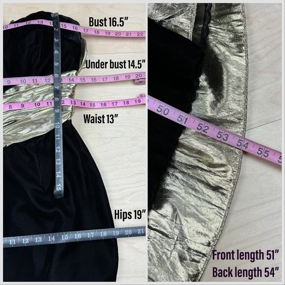 Vintage 1980s Strapless Black Velvet and Gold Lamé Evening Gown - Picture 7 of 8